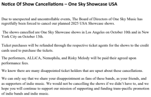 Notice of Cancellation: One Sky Showcase [USA]